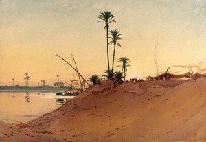 view Egypt: banks of the Nile. Watercolour by A.O. Lamplough, 19--.