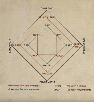 view The four qualities, elements, humours and temperaments. Drawing, 19--.