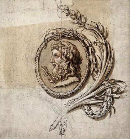 A medallion of the head Aesculapius (?) in profile, with the staff of Aesculapius. Drawing.