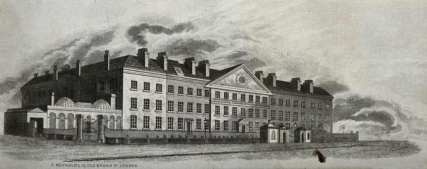 The London Hospital, Whitechapel: exterior. Engraving, 18--.