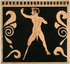 view A satyr with a wooden leg. Gouache attributed to S.W. Kelly.