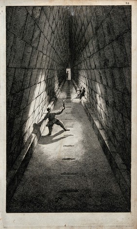 Three Netherlandish travellers with torches inside the Great Pyramid. Etching after C. De Bruyn, 1700.