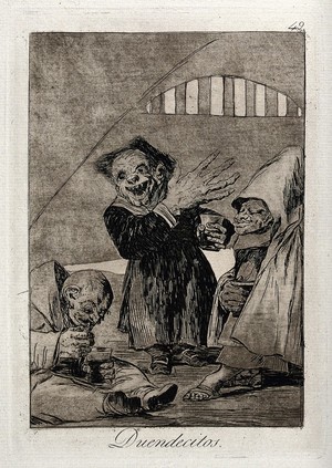 view Three dwarf hogoblins, two of them in monastic habits, drinking from tumblers. Aquatint by F. Goya, ca. 1797.