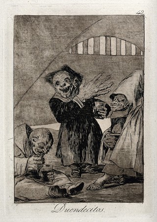 Three dwarf hogoblins, two of them in monastic habits, drinking from tumblers. Aquatint by F. Goya, ca. 1797.