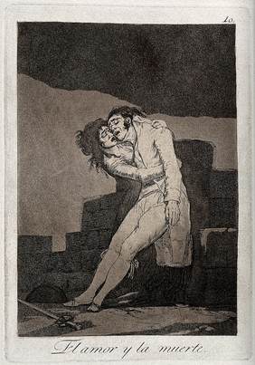 A woman is holding her dying lover; a sword lying at his feet. Aquatint by F. Goya, 1812/1888.