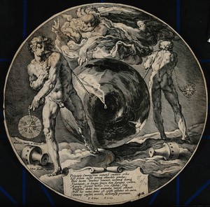 view God about to create the universe from a large sphere which is suspended on a rope by two genii. Engraving by J. Muller after H. Goltzius.