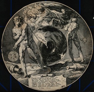 God about to create the universe from a large sphere which is suspended on a rope by two genii. Engraving by J. Muller after H. Goltzius.