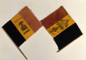 view Pilgrim's pennant for the Virgin of Scherpenheuvel (Montaigu), Belgium, printed on the Belgian flag. Printed flag, 191-.