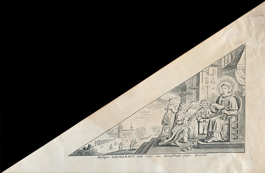 Belgium: people kneeling before Saint Leonard of Noblac. Engraving, 191-.