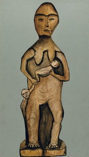 A wood carving of a woman feeding her baby. Watercolour, 19--.