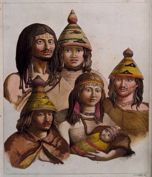 view Inhabitants of Nootka Sound, Canada: four men and a woman holding a baby. Coloured aquatint by G. Gallina, ca. 1820, after J. Webber.