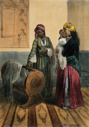 view A woman in Cairo holding a child, accompanied by an Abyssinian slave woman standing next to the cradle. Coloured lithograph by A. Mouilleron after Prisse d'Avennes, 1848.