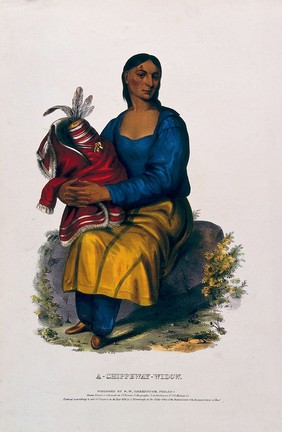 An Ojibwa widow. Coloured lithograph by J.T. Bowen, 1838.