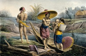 view A Dyak woman in a canoe is handing her child to a woman on the river bank; a tattooed man is holding various objects. Lithograph by H.A. Henrici and W.J. Gordon, ca. 1839.