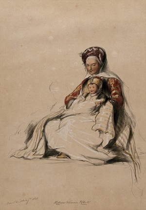 view A Jewish woman, seated, holding her infant child. Coloured lithograph by J. Nash, 1843, after D. Wilkie, ca. 1840.