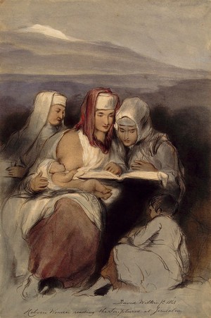 view Three Jewish women, seated, reading the scriptures; one of them breastfeeding. Coloured lithograph by J. Nash, 1843, after D. Wilkie, 1841.