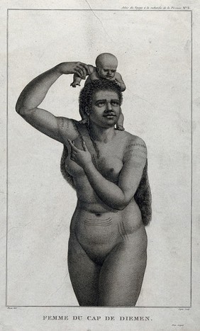 A woman in Cape Van Diemen carrying her baby on her shoulders. Engraving by J.L. Copia after J. Piron, ca. 1800.