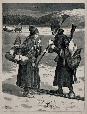 view A Swedish Lappish (Sámi) woman holding her child and smoking a pipe, and a man on skis carrying game. Etching, ca. 1890.