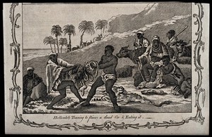 view Two Khoikhoi people (South African tribe) tearing the intestines of an ox apart to eat; four men seated in the background, one of them eating intestines of the ox. Engraving, 1768.