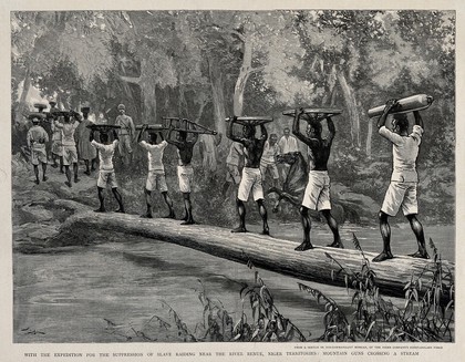 Nigerian porters carrying gun parts across the Benue river in a British expedition to suppress slavery. Wood engraving after Morgan, 1894.