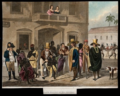 Rio de Janeiro: young children are being sold as slaves to men in cloaks and wide hats. Aquatint by Edward Finden, 1824, after Augustus Earle, ca. 1820.