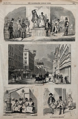 view Top, a slave auction in Richmond, Virginia; centre, a coach on a street in Baltimore; bottom left, slaves waiting to be sold, Virginia; bottom right, a slave playing the flute. Wood engraving after E.C., 1856.