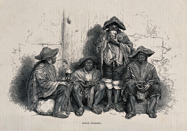 Four men employed on extracting the guano deposits on the Chincha Islands, Peru. Wood engraving, ca. 1869.