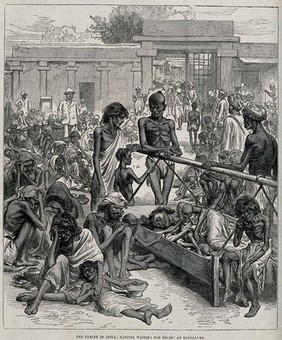 People in Bangalore, India, suffering from starvation. Wood engraving, 1877.