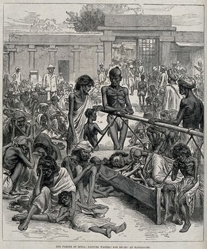 view People in Bangalore, India, suffering from starvation. Wood engraving, 1877.