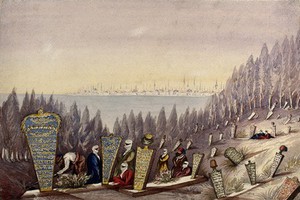 view Scutari: people in the Turkish burial ground; city in the background. Watercolour by M. O'Reilly, 1854.