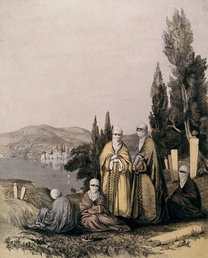 view Istanbul: the lesser burial ground attended by veiled women mourners, the Golden Horn in the background. Coloured lithograph by Henry Cooke, ca. 1860.