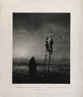 A man from the Mandan tribe is looking up at two idols placed on wooden sticks; a village in the background. Aquatint by S. Himely after Ch. Bodmer, ca. 1843.