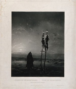 view A man from the Mandan tribe is looking up at two idols placed on wooden sticks; a village in the background. Aquatint by S. Himely after Ch. Bodmer, ca. 1843.