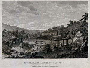 view Two European men standing next to tombs in the Bay of Castries, Saint Lucia. Etching by J. Heath, 1798, after G. Duché de Vancy.