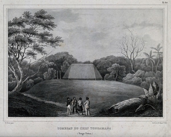 The tomb of Tongamana in Tonga, with people standing in the foreground. Lithograph by L.A. Asselineau and V. Adam after L.A. de Sainson, ca. 1833.