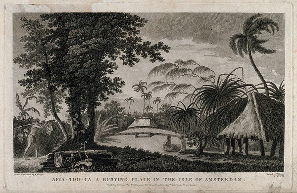 Afia-Too-Ca, a burying place on Tongatapu, Tonga. Engraving by W. Byrne after W. Hodges, 1st February 1777.