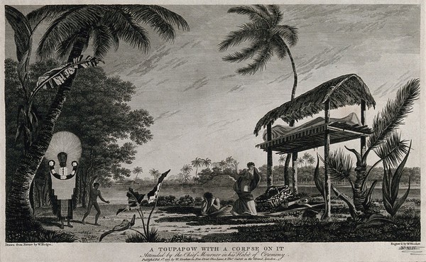 Tahiti: a funerary monument (toupapow) with a corpse on it, encountered by Cook on his second voyage, 1772-1775. Engraving by W. Woollett after W. Hodges, 1 February 1777.