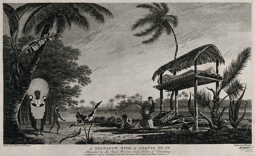 Tahiti: a funerary monument (toupapow) with a corpse on it, encountered by Cook on his second voyage, 1772-1775. Engraving by W. Woollett after W. Hodges, 1 February 1777.