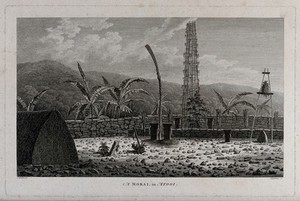 view A morai, place of burial and worship, in Atooi (Kauai); encountered by Captain Cook on his third voyage (1777-1780). Engraving by D. Lerpinière, 1784, after J. Webber.