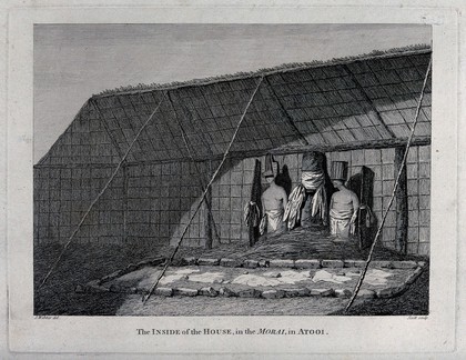 The inside of a hut in a morai, place of burial and worship, in Atooi (Kauai); encountered by Captain Cook on his third voyage (1777-1780). Engraving by E. Scott, 1784, after J. Webber.