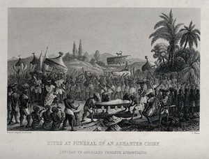 view The funeral of an Ashanti chief. Engraving by A. Thom, 1858.