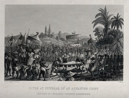 The funeral of an Ashanti chief. Engraving by A. Thom, 1858.