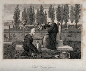 view Two women in a Turkish burying ground; one kneeling on a rug, the other watering plants. Engraving.