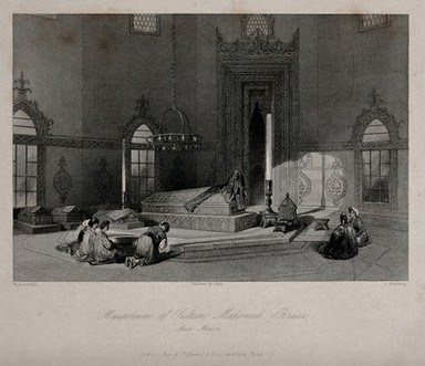 The tomb of Sultan Mehmed I in his mausoleum (the Green tomb) at Brusa, Turkey. Engraving by G. Presbury after W.H. Leitch after T. Allom, ca. 1836.