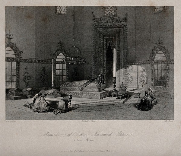 The tomb of Sultan Mehmed I in his mausoleum (the Green tomb) at Brusa, Turkey. Engraving by G. Presbury after W.H. Leitch after T. Allom, ca. 1836.