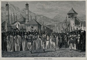 view Schucha, Caucasus: a funeral procession of men holding swords. Wood engraving, ca. 1870.