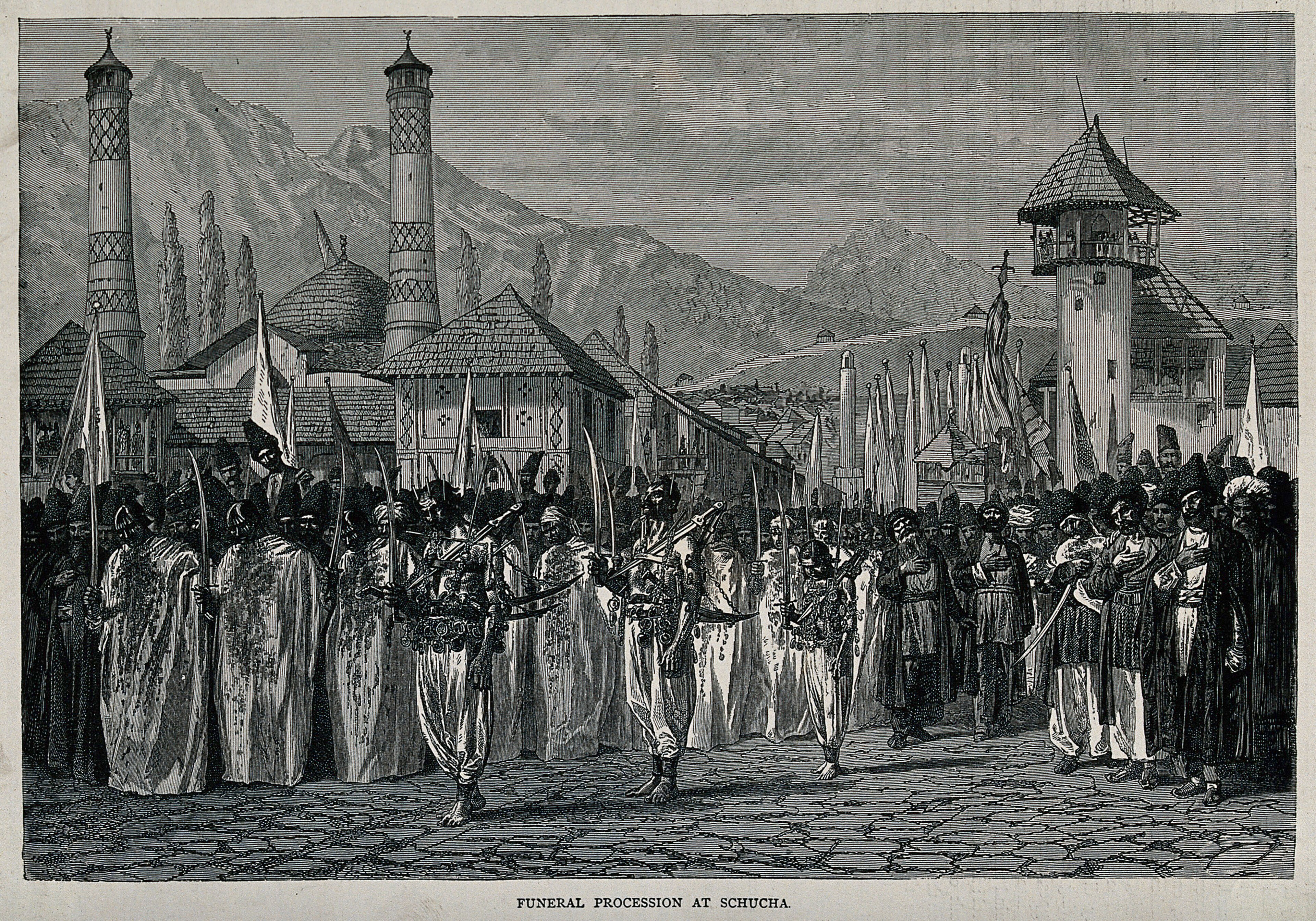 Schucha, Caucasus: a funeral procession of men holding swords. Wood engraving, ca. 1870.