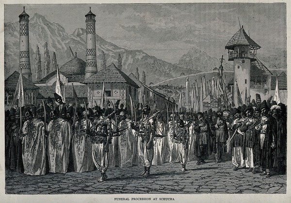 Schucha, Caucasus: a funeral procession of men holding swords. Wood engraving, ca. 1870.