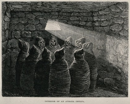 Arequipa, Peru: ten corpses inside a chulpa (mausoleum) among the Aymara tribe. Wood engraving by Charles Maurand after Edouard Riou, 1873.