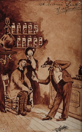 A pharmacy: the pharmacist (a fox) tries to sell medicines to a customer in pain (a duck, accompanied by his wife). Painting by L.H. Choustrac, 1905.